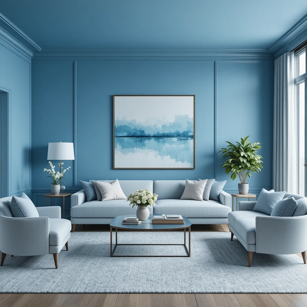 Calm blue living room with simple luxurious decor