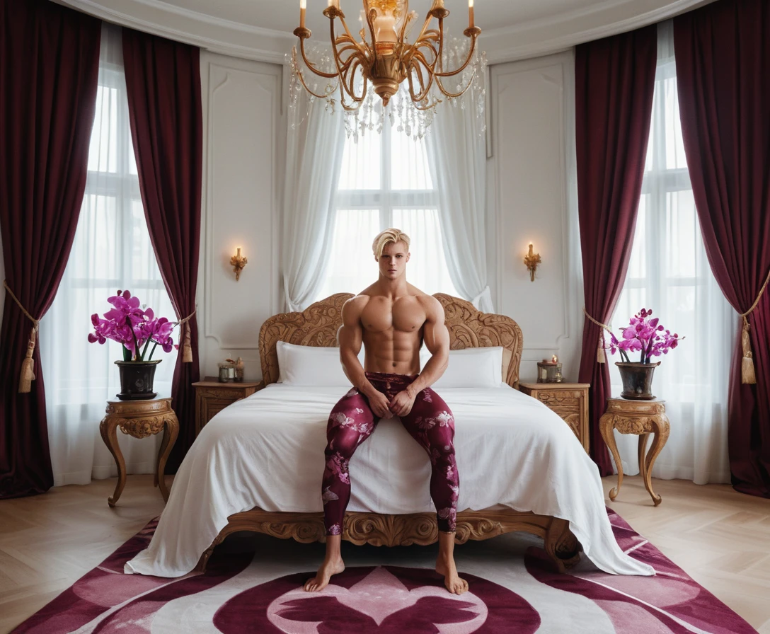 Giovane biondo in leggings in una camera da letto di lusso