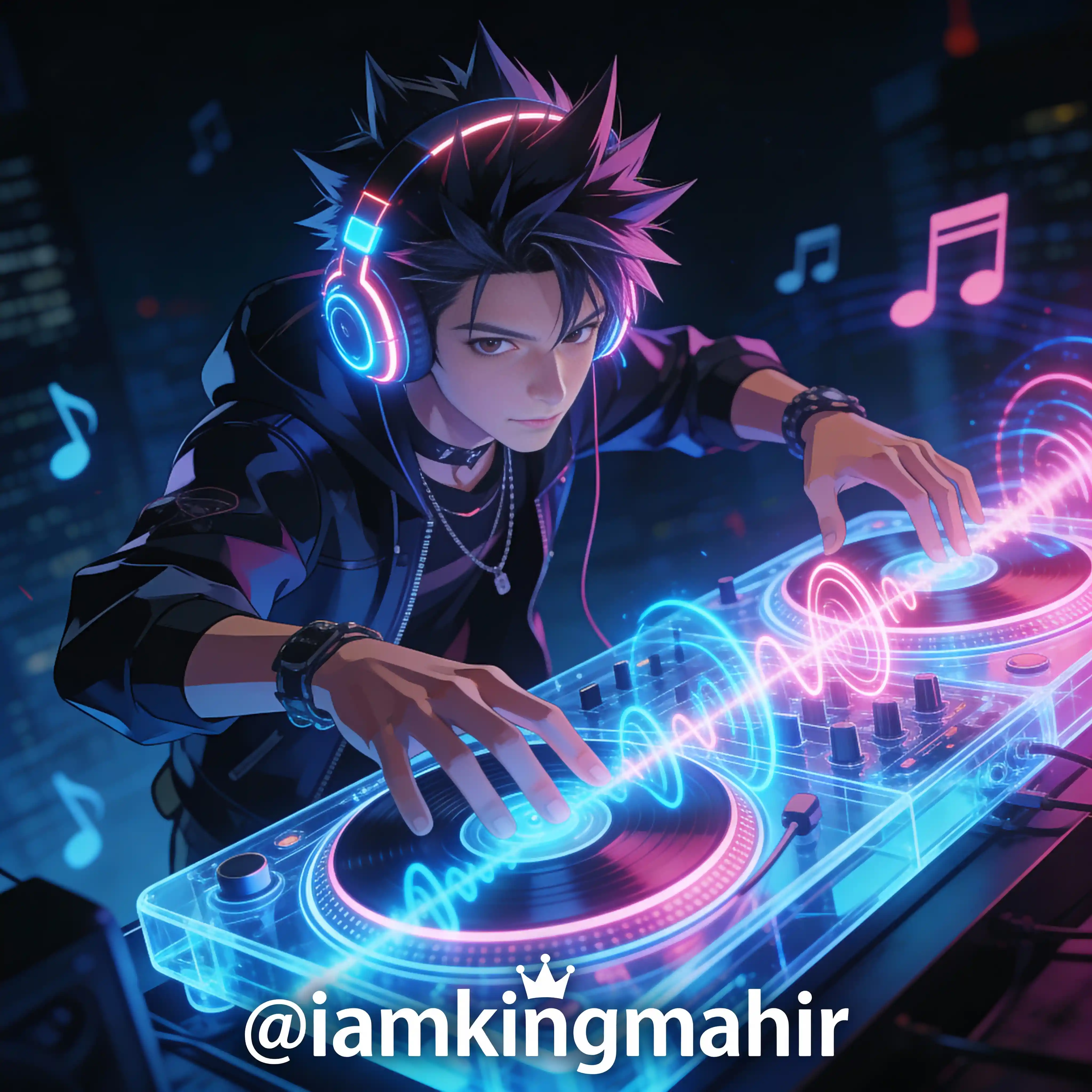 Anime DJ with neon headphones in cyberpunk cityscape