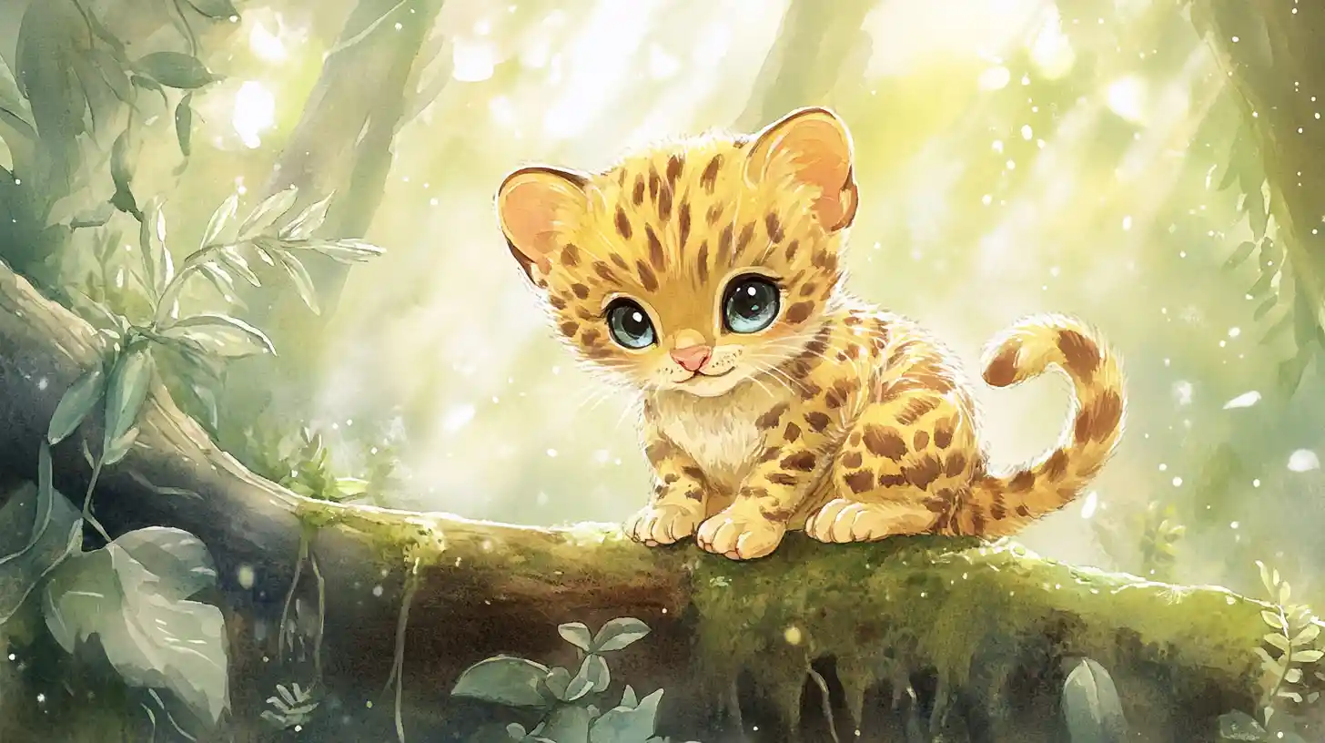 Cachorro de ocelote gordito sobre tronco musgoso en la jungla en acuarela