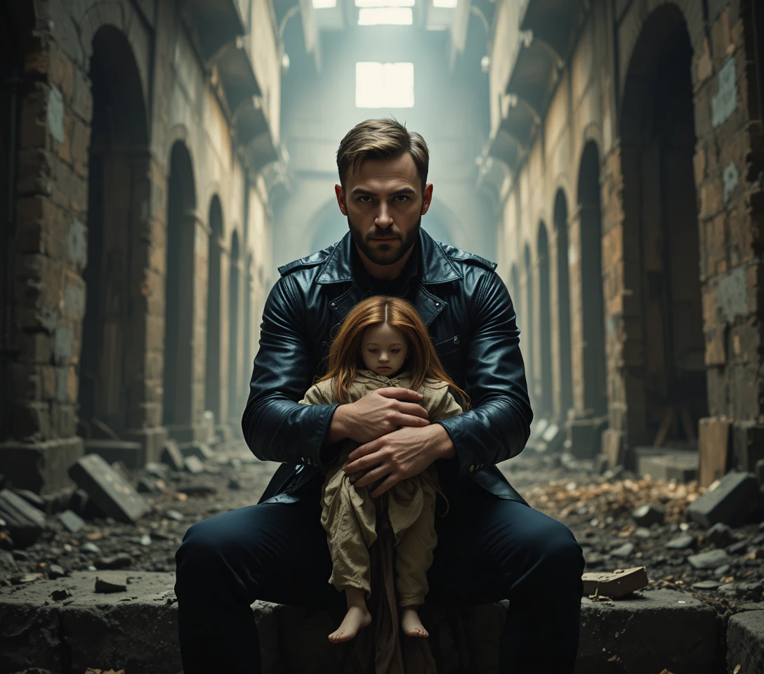 Man holding human skeleton in a dark ruined interior