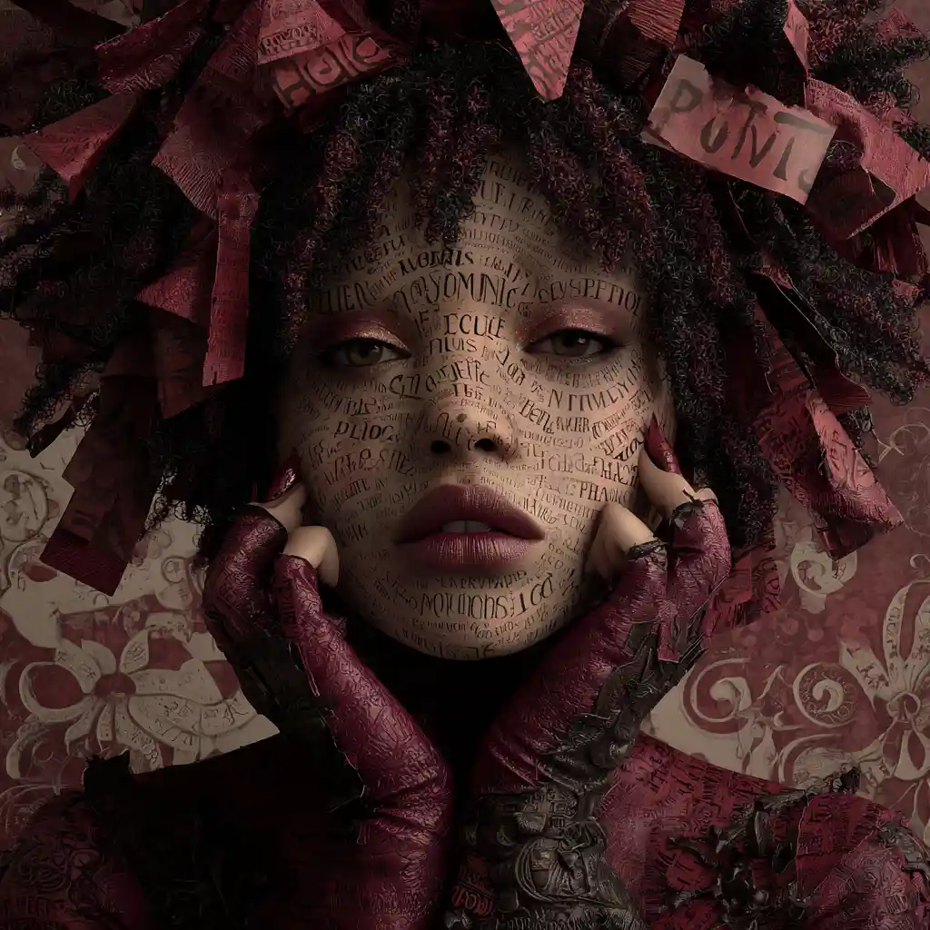 Surreal paper woman with burgundy typography and emotions