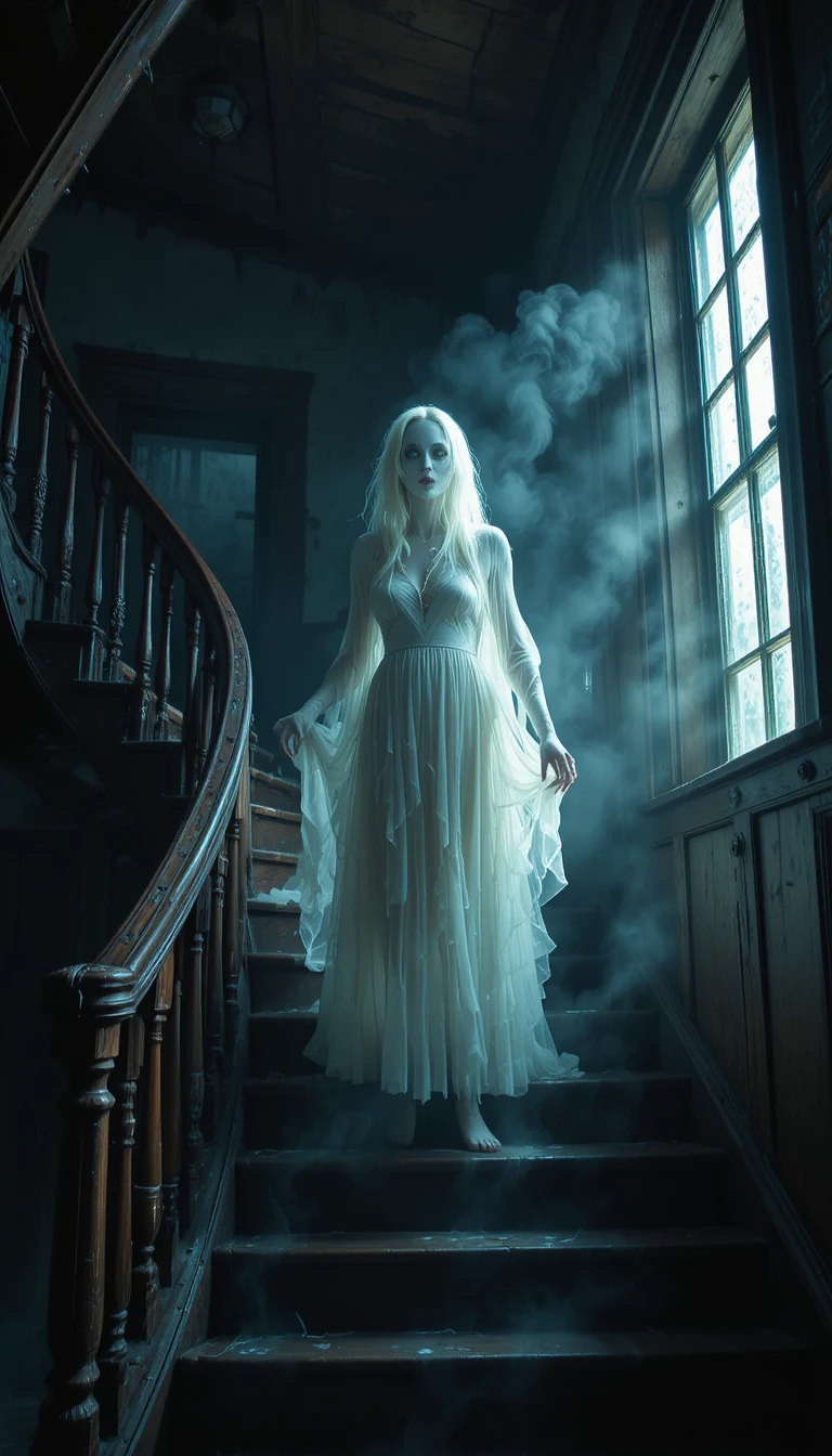 Fantasma en una escalera que cruje en una vieja casa embrujada