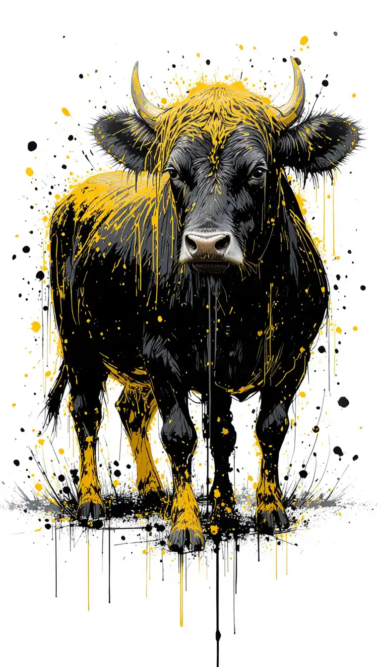 Mucca astratta nera e gialla su sfondo bianco con schizzi di vernice