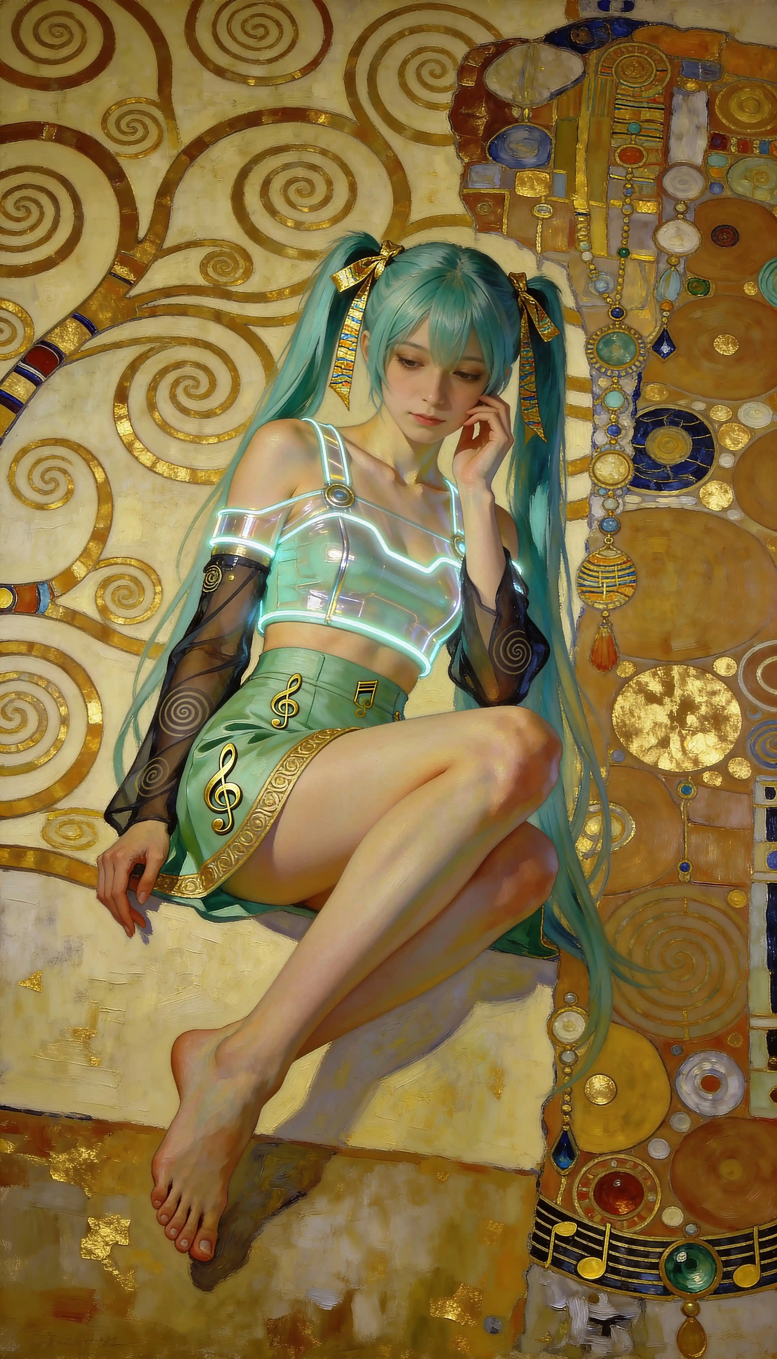 Garota de anime serena sentada com elegante fundo dourado decorativo