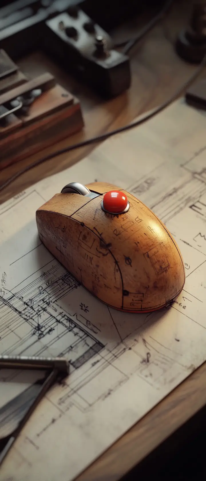 Vintage wooden computer mouse prototype on antique desk