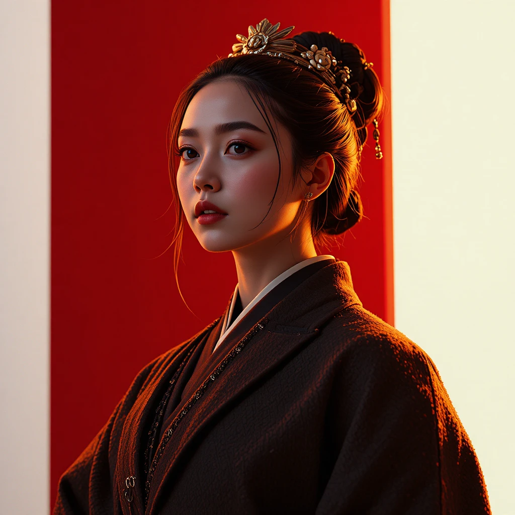Fashion portrait of a woman in imperial inspired overcoat