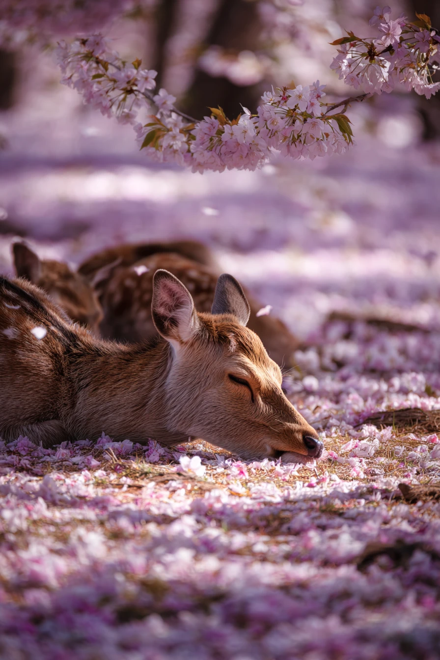 Sika deer resting under blooming cherry trees in Nara park