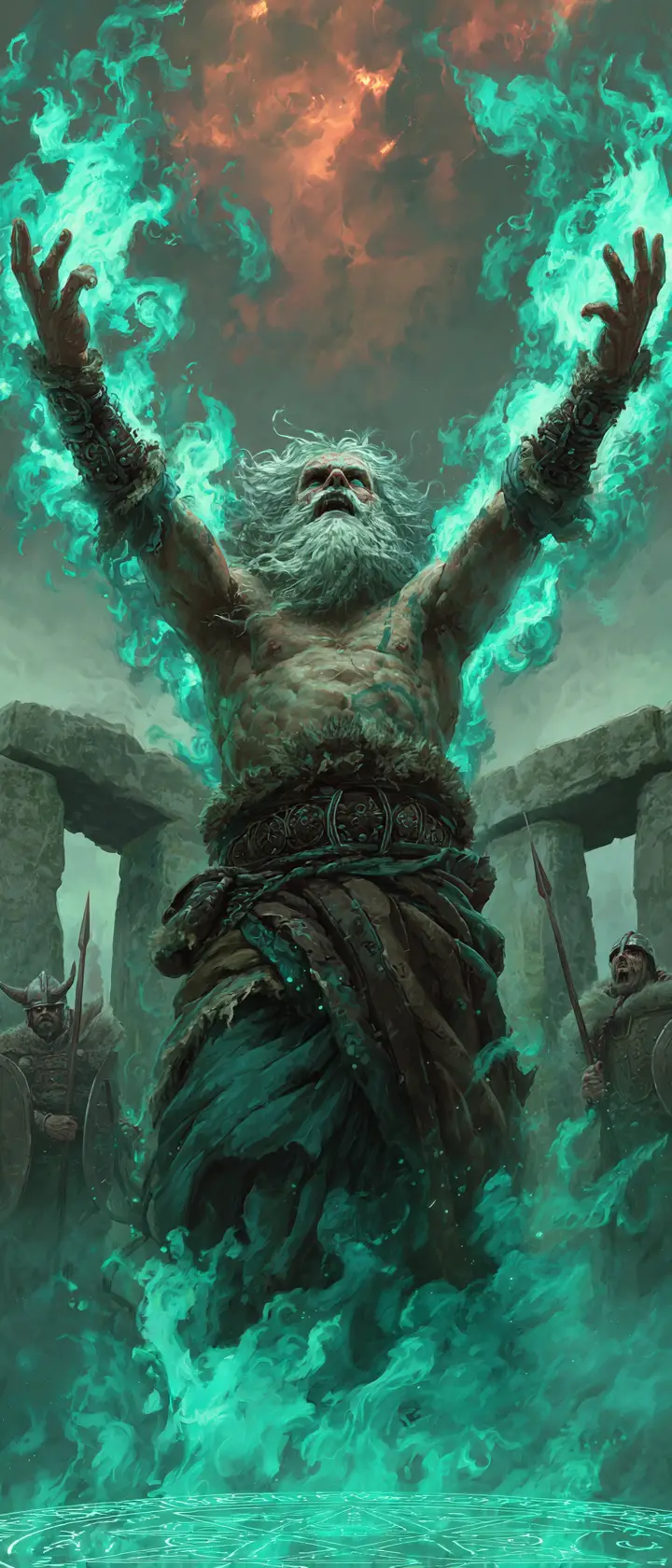 Ancient wizard summoning emerald flames in stone circle