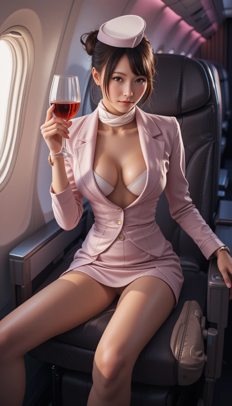 空服員優雅坐在機艙內手持紅酒