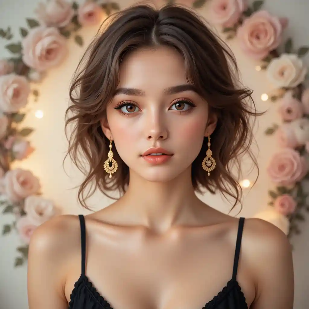 花のフレームと柔らかな光に包まれた若い女性のポートレート