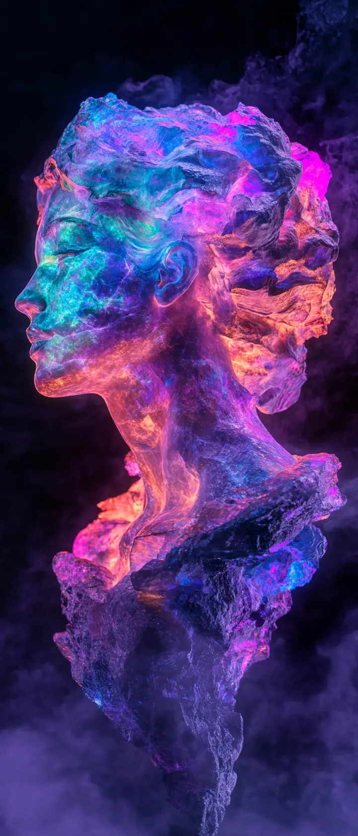 Surreal Roman goddess sculpture glowing with rainbow colors