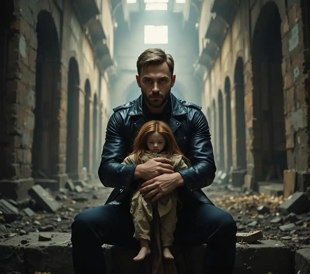 Man holding human skeleton in a dark ruined interior