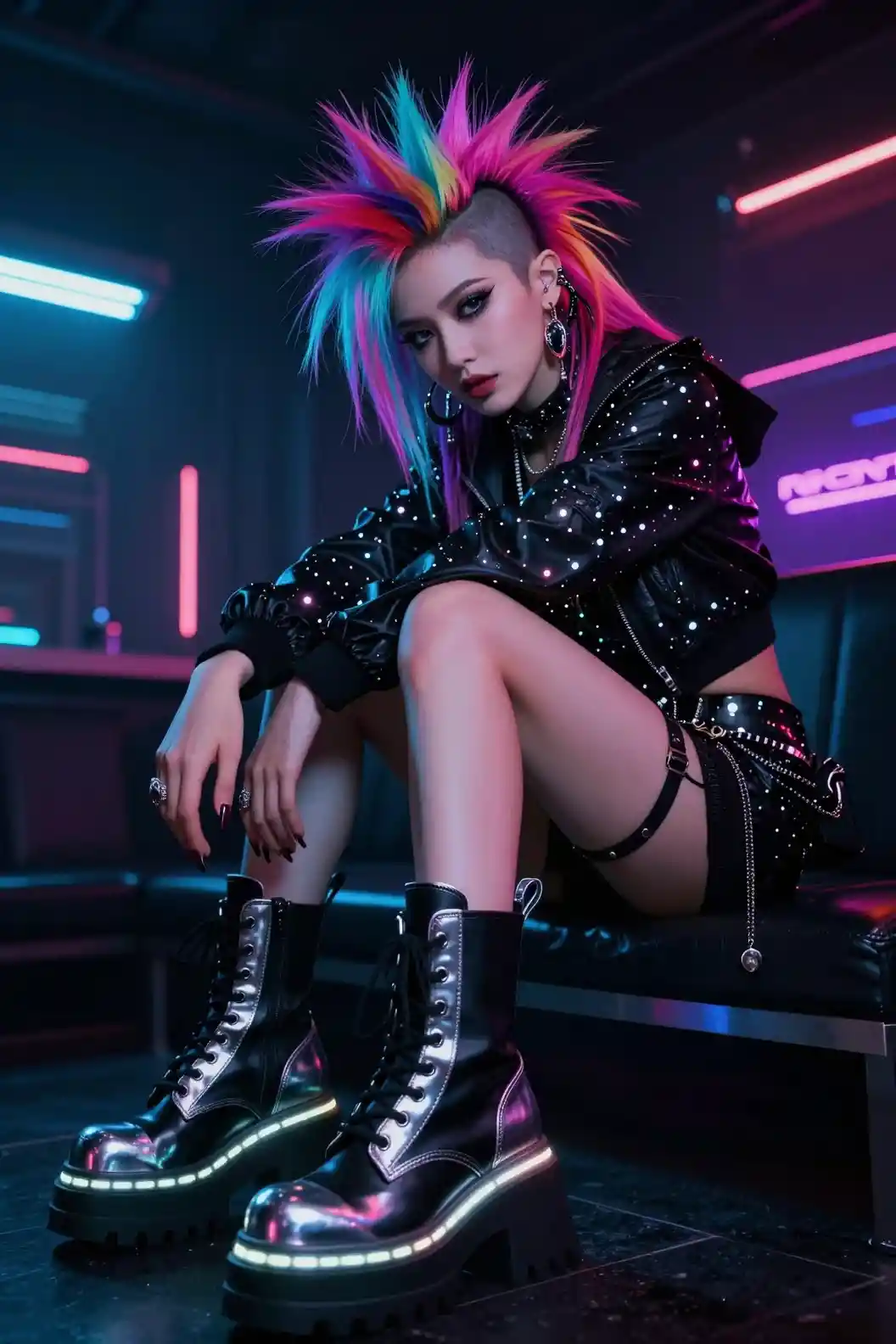 Cyberpunk gothic woman with neon mohawk in nightclub