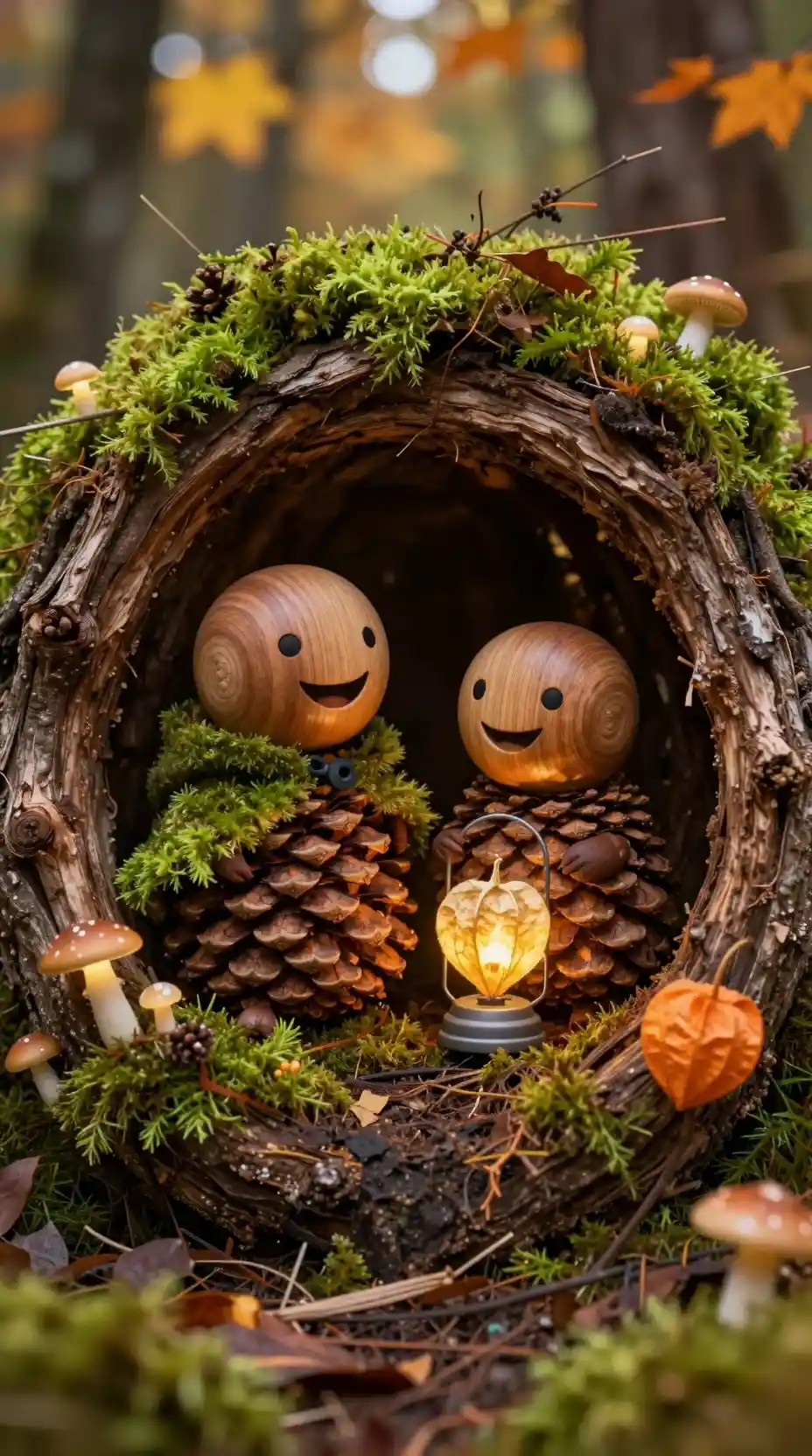 Tiny forest creatures with moss cloak and glowing lantern