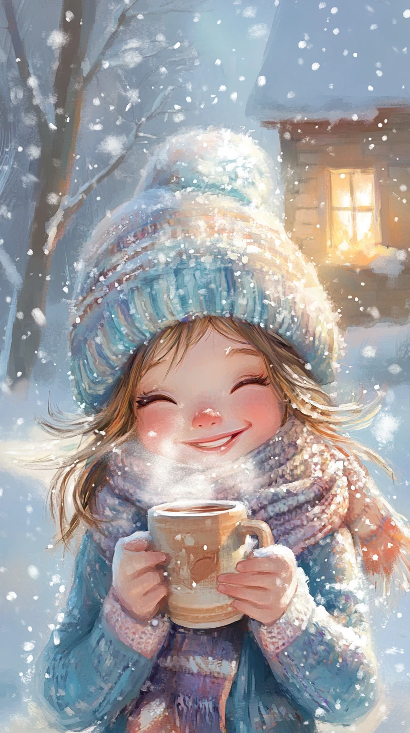 Chica sonriente con cacao en una tranquila escena invernal