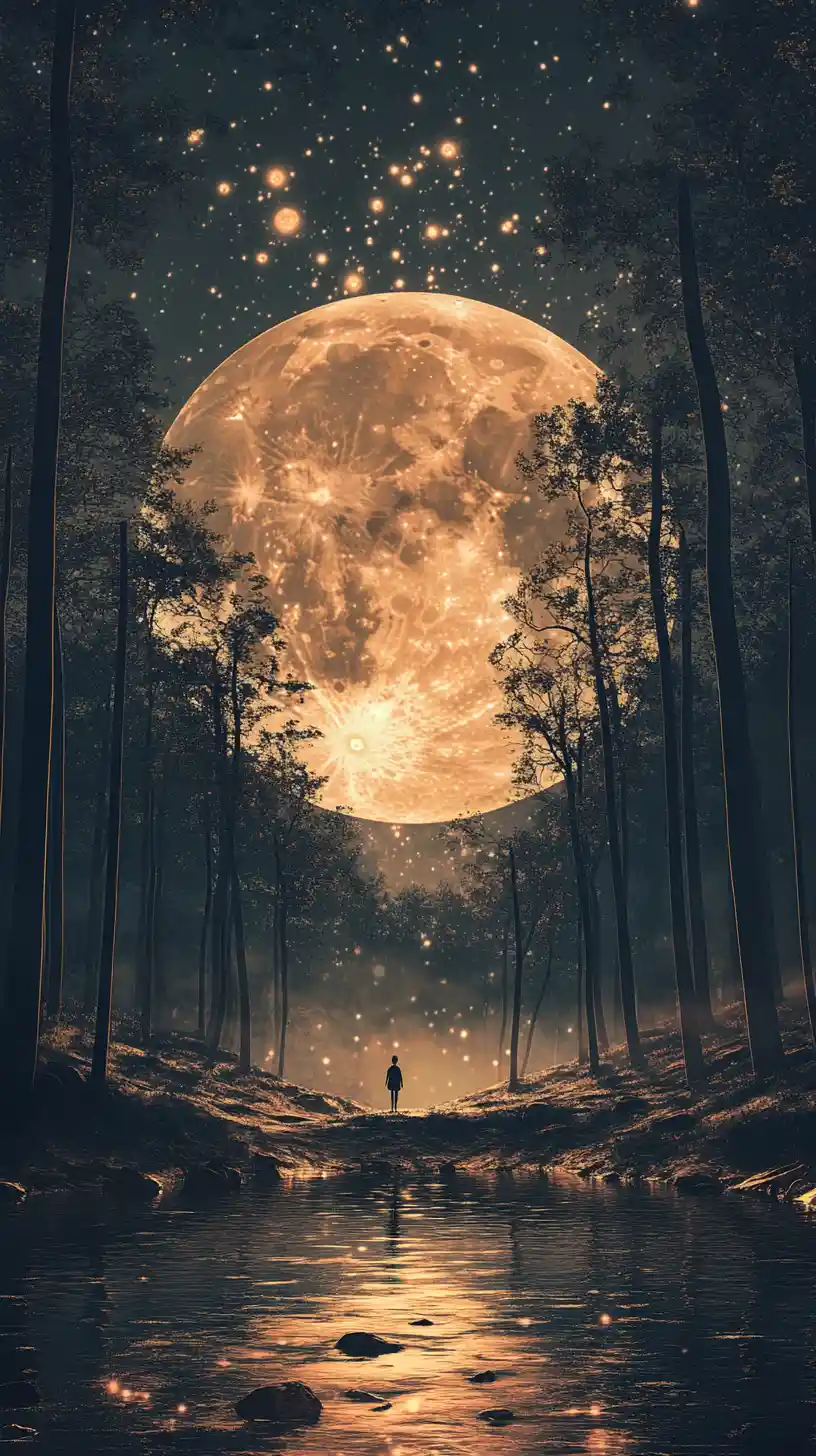Lone figure in a moonlit flooded forest at night