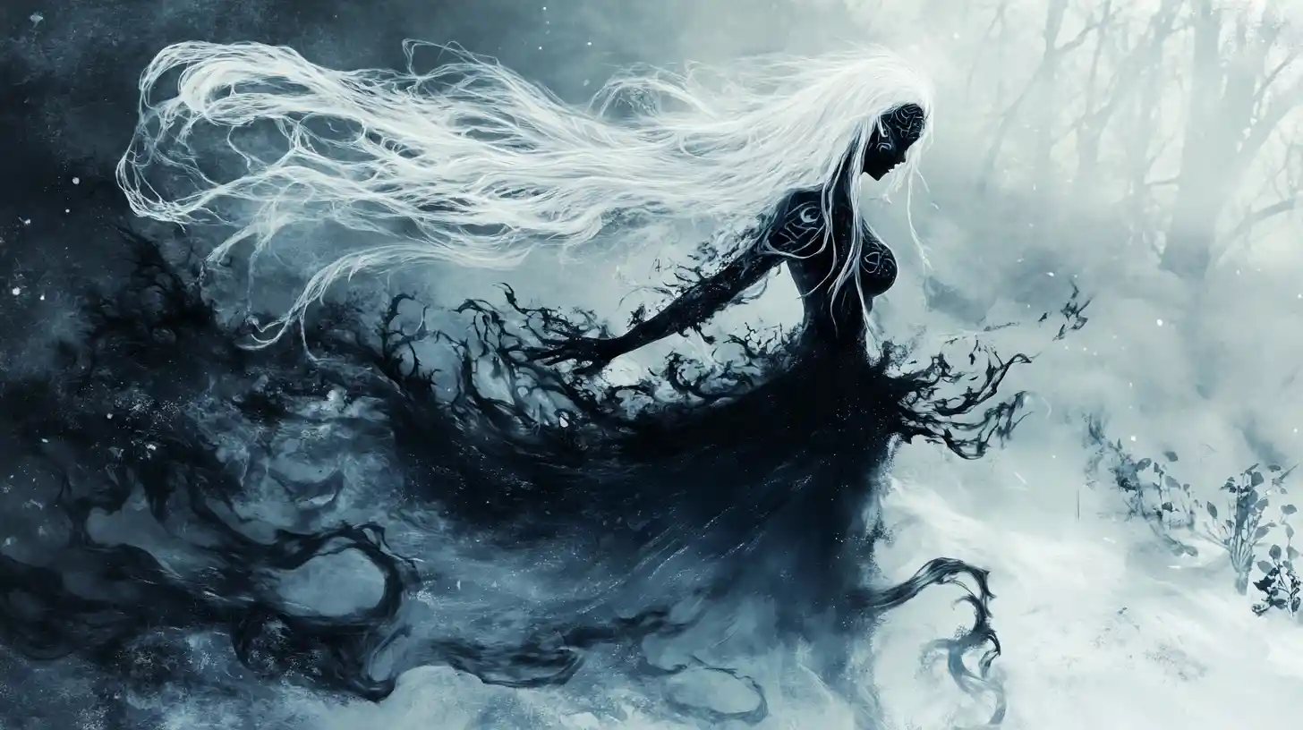 Dark sorceress dancing in a frozen haunted forest
