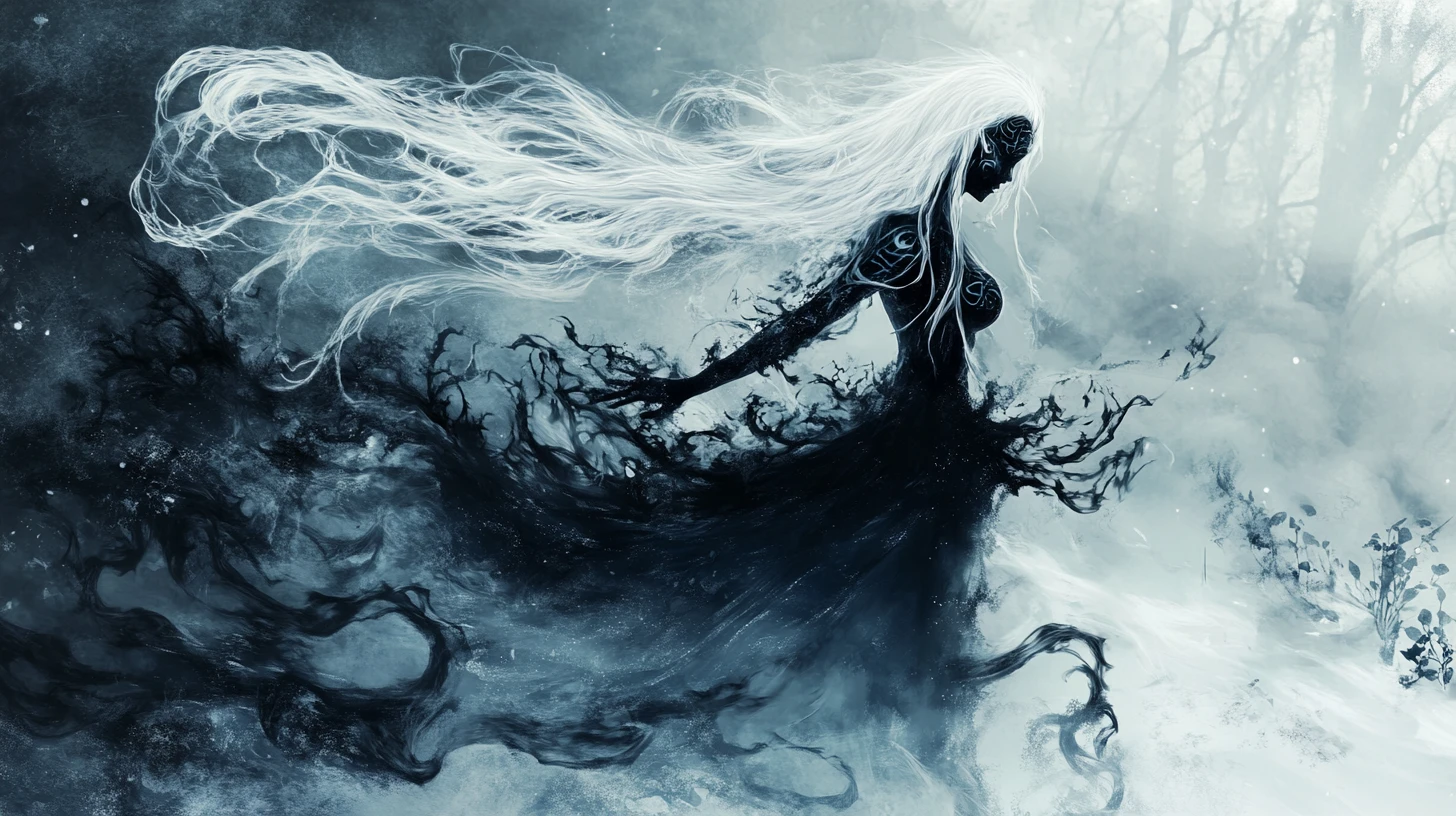 Dark sorceress dancing in a frozen haunted forest