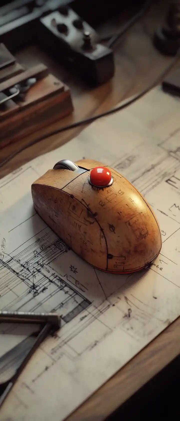 Vintage wooden computer mouse prototype on antique desk