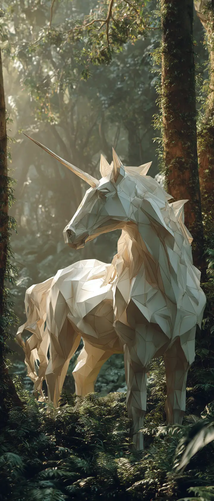 Paper unicorn sculpture in an enchanting forest scene