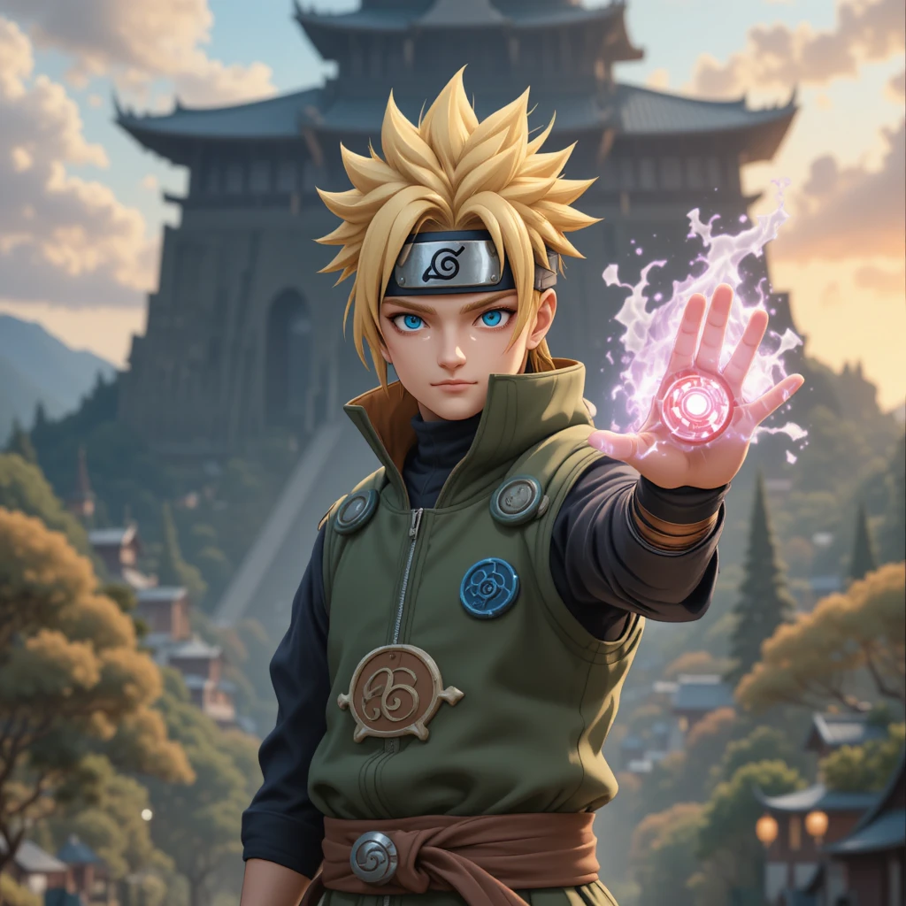 Junger Anime-Ninja bündelt Energie vor Dorfmonument