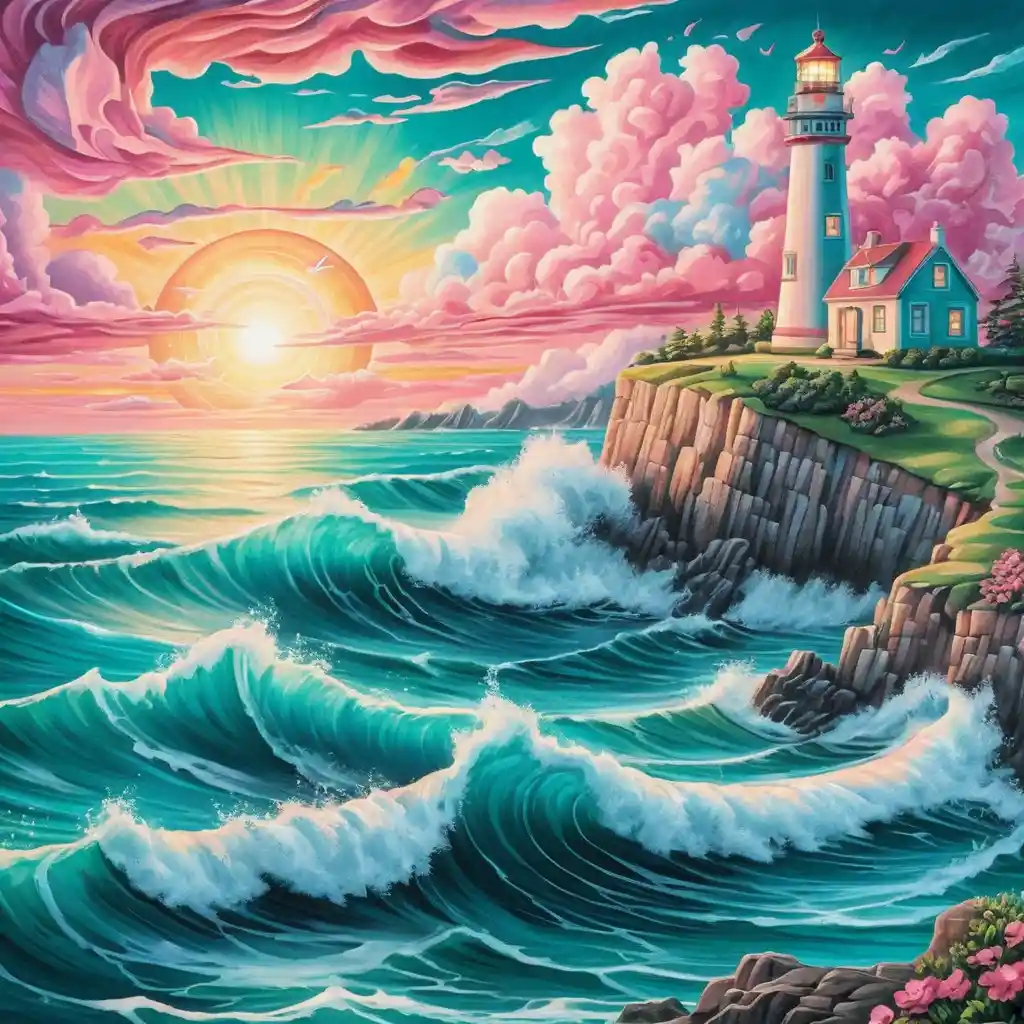 Surrealer Sonnenaufgang mit Leuchtturm über türkisfarbenen Meereswellen