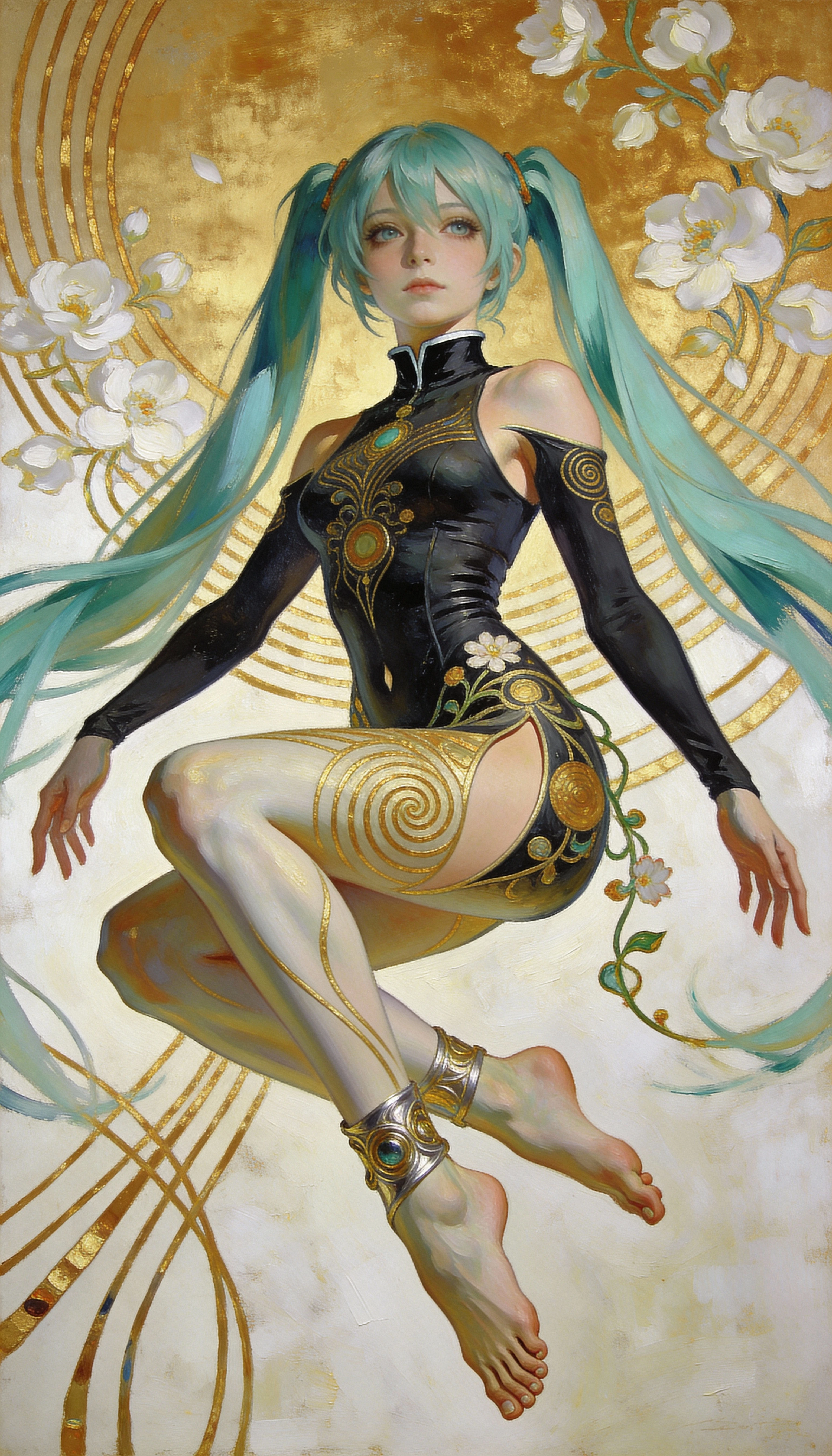 Elegant anime woman floating in golden floral space