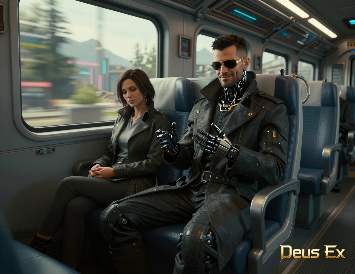 Augmented man on futuristic train in quiet daylight