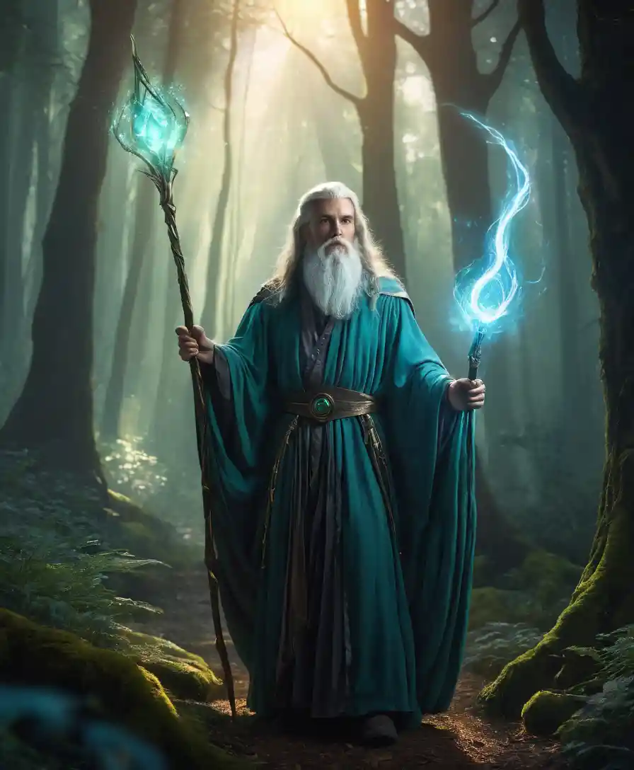 Mago fantasy con bastone luminoso in una foresta mistica