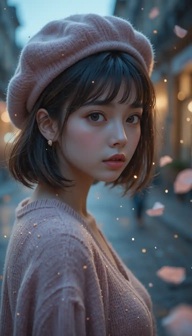 Shy French girl in beret at dusk on Paris street