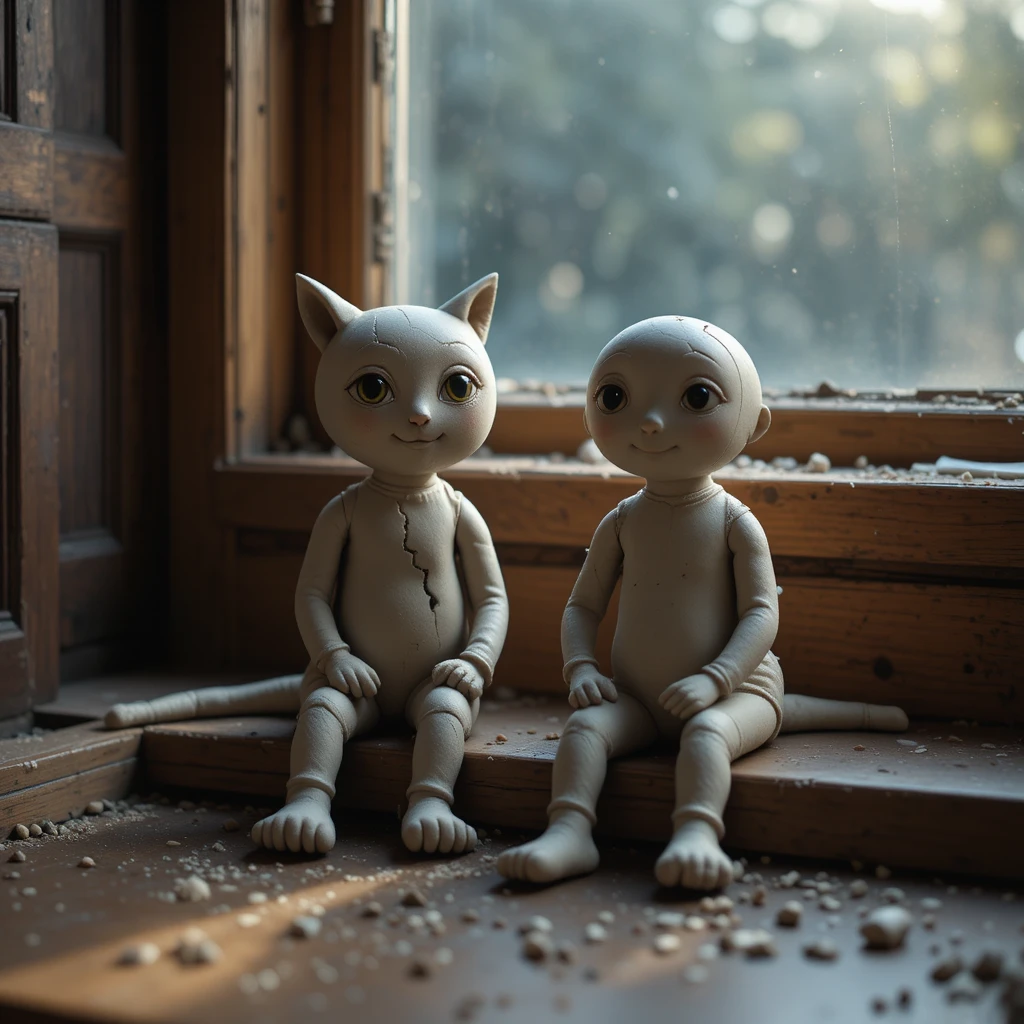 Two small clay friends sitting quietly on a desk