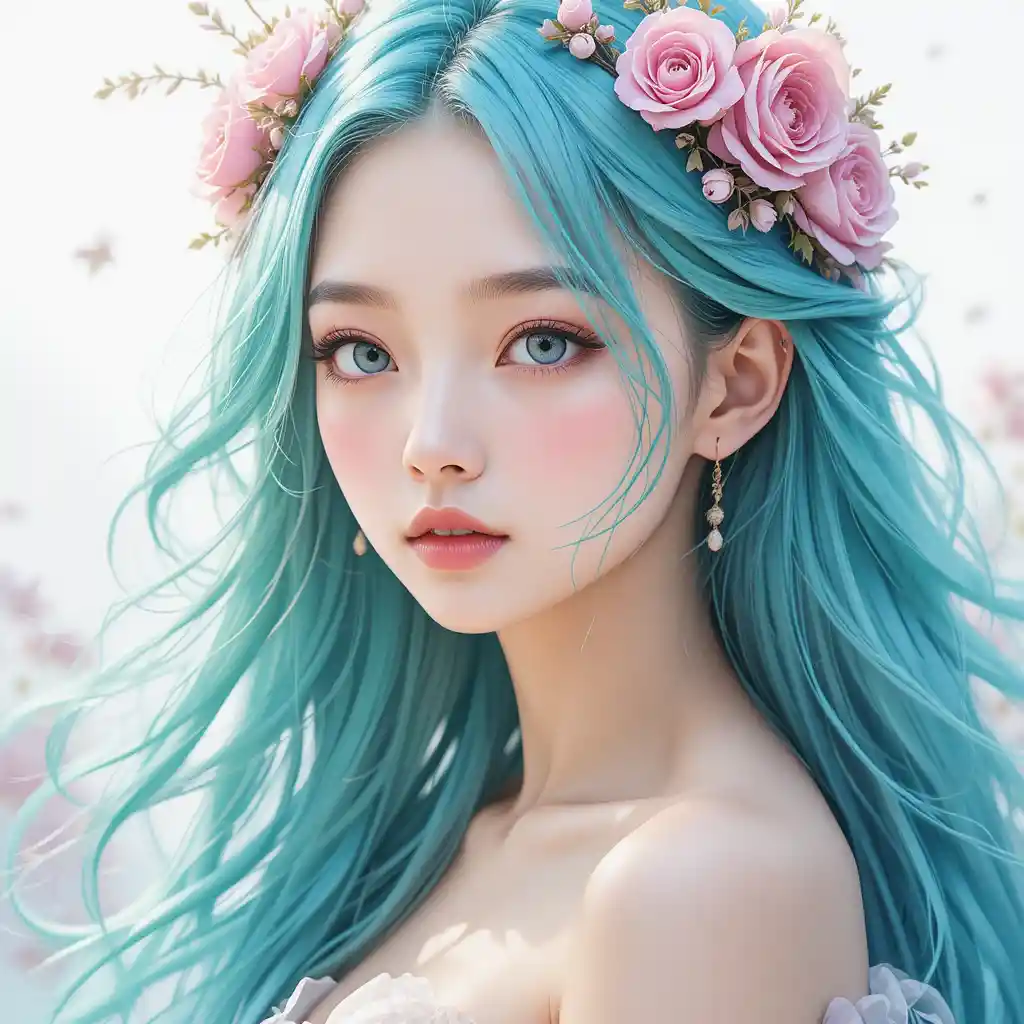 Fantasy portrait of teal haired girl with floral crown