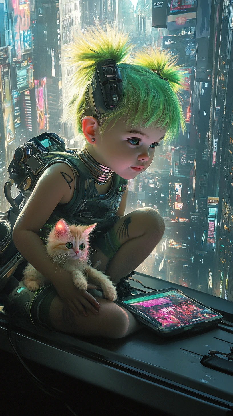 Süßes Cyberpunk-Baby-Mädchen spielt mit Kätzchen am Fenster