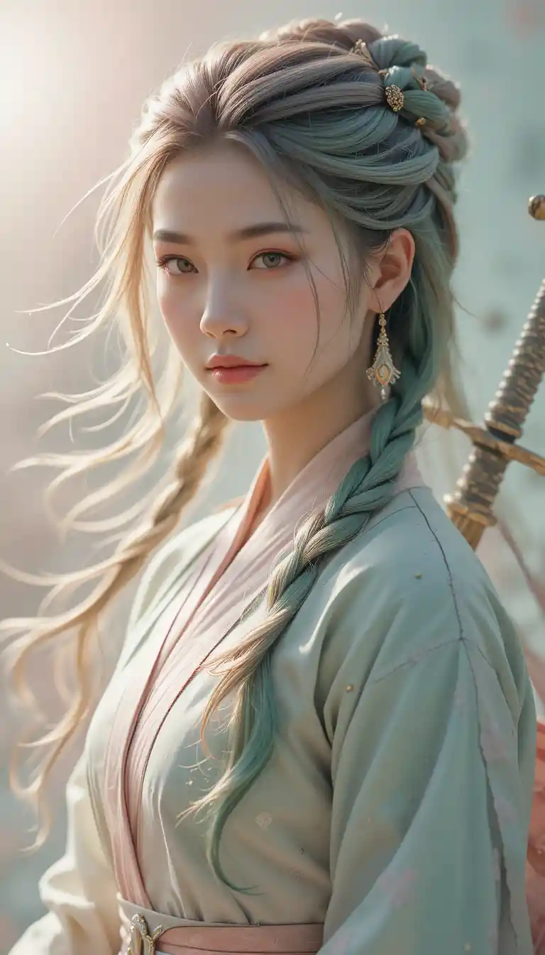 Cinematic portrait of a pink and green haired warrior woman