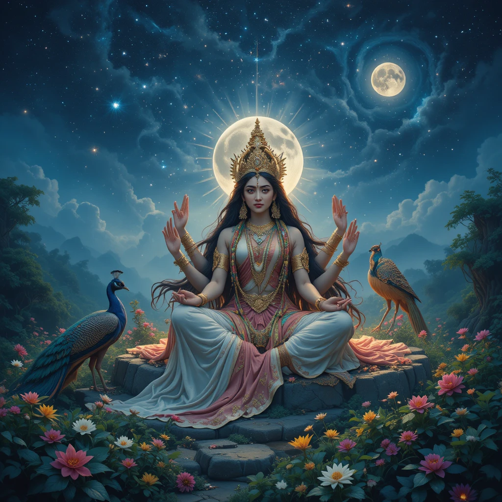 Hindu deities seated in a serene moonlit forest