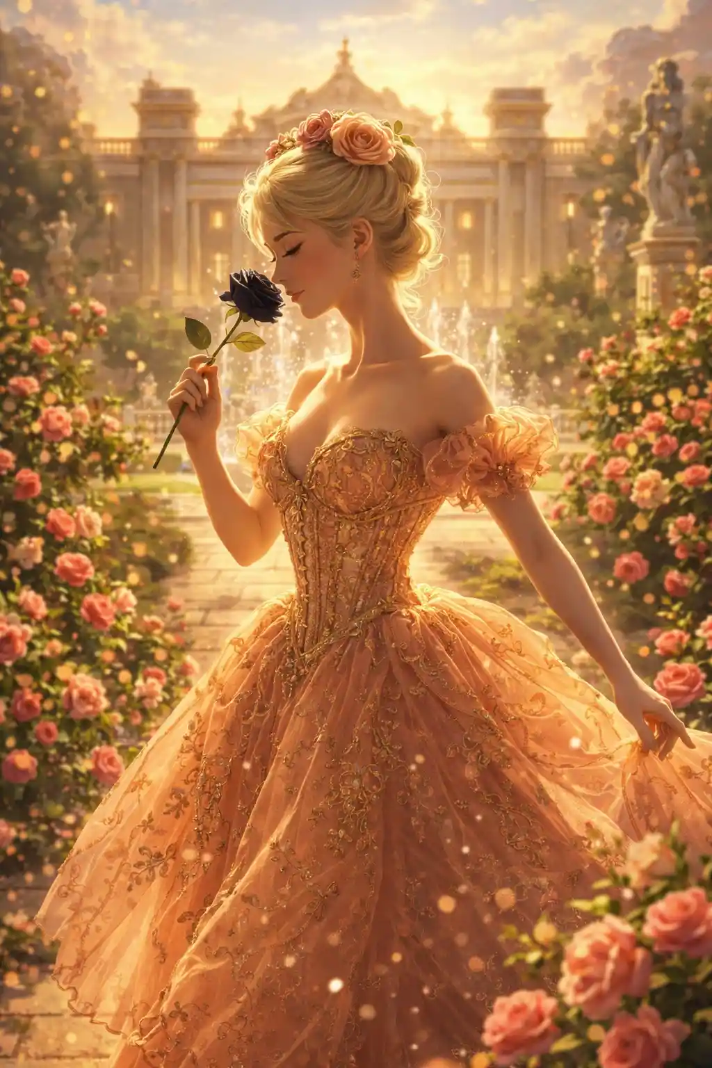 Elegant anime noblewoman walking through a rococo rose garden