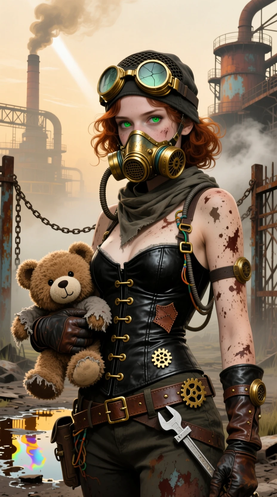 Dieselpunk girl mechanic holding a gas mask teddy bear