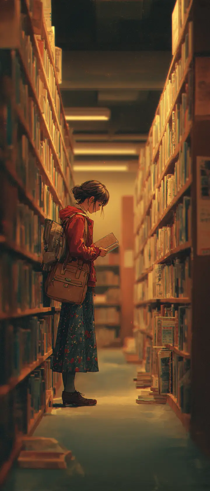 Woman saying farewell to a childhood book in a library