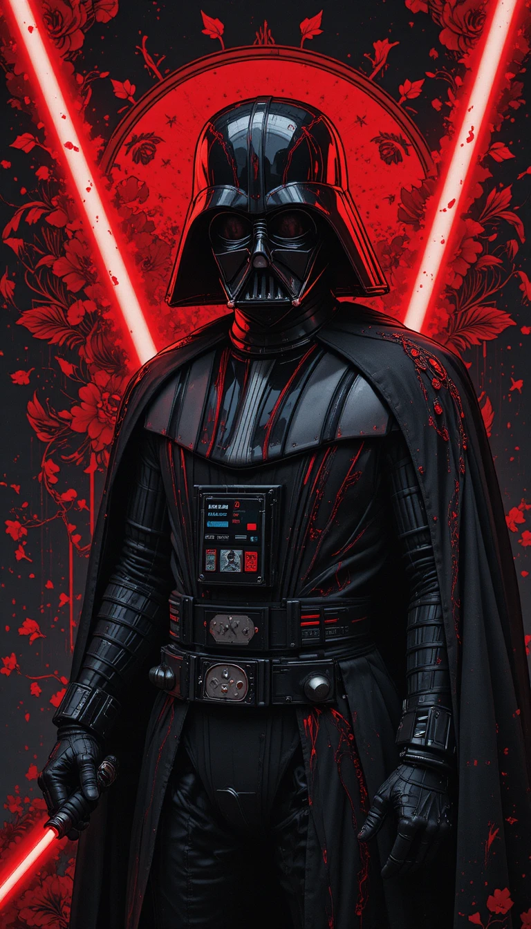 Dark armored figure with red lightsabers and gothic floral backdrop