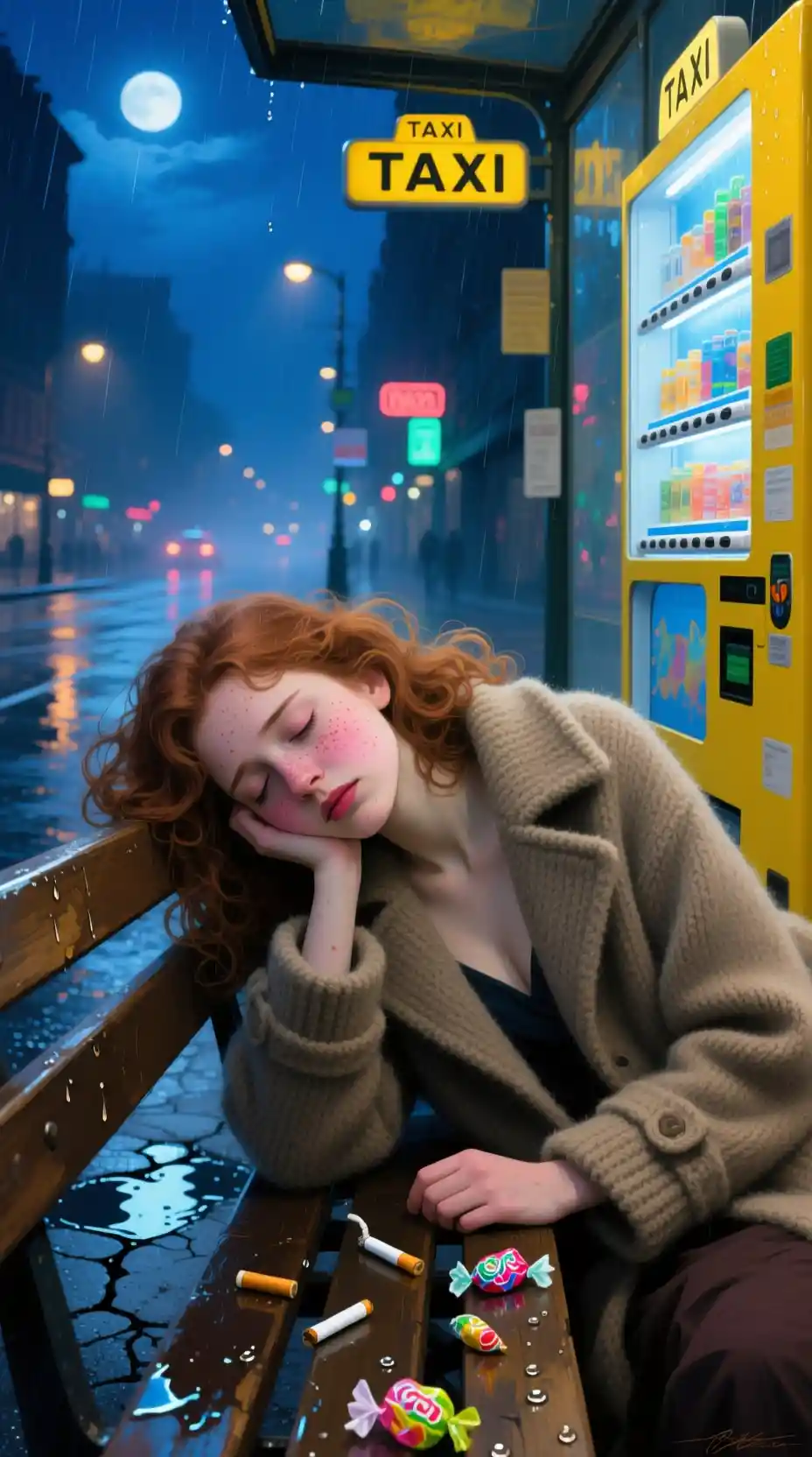 Sleepy girl on a lonely night bench in urban blue light
