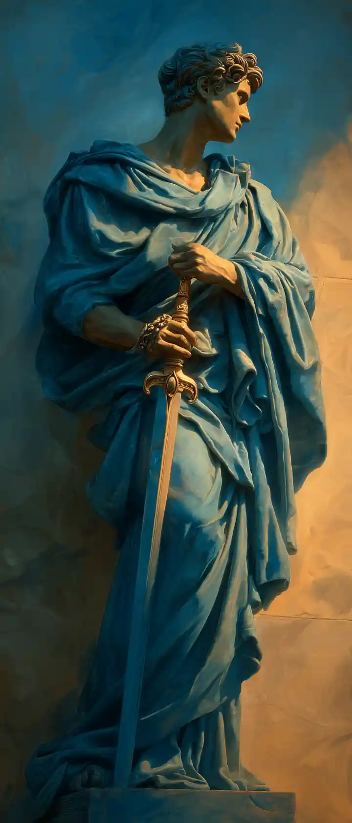 Classical warrior in blue robe holding a sword