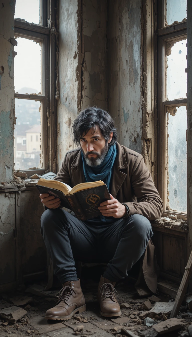 Man reading by a broken window in an abandoned room