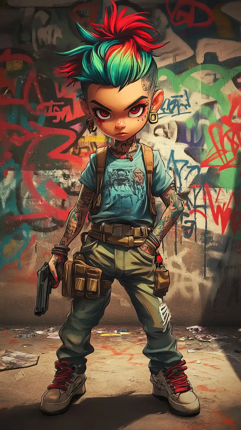 Armed tattooed youth in front of a graffiti street wall