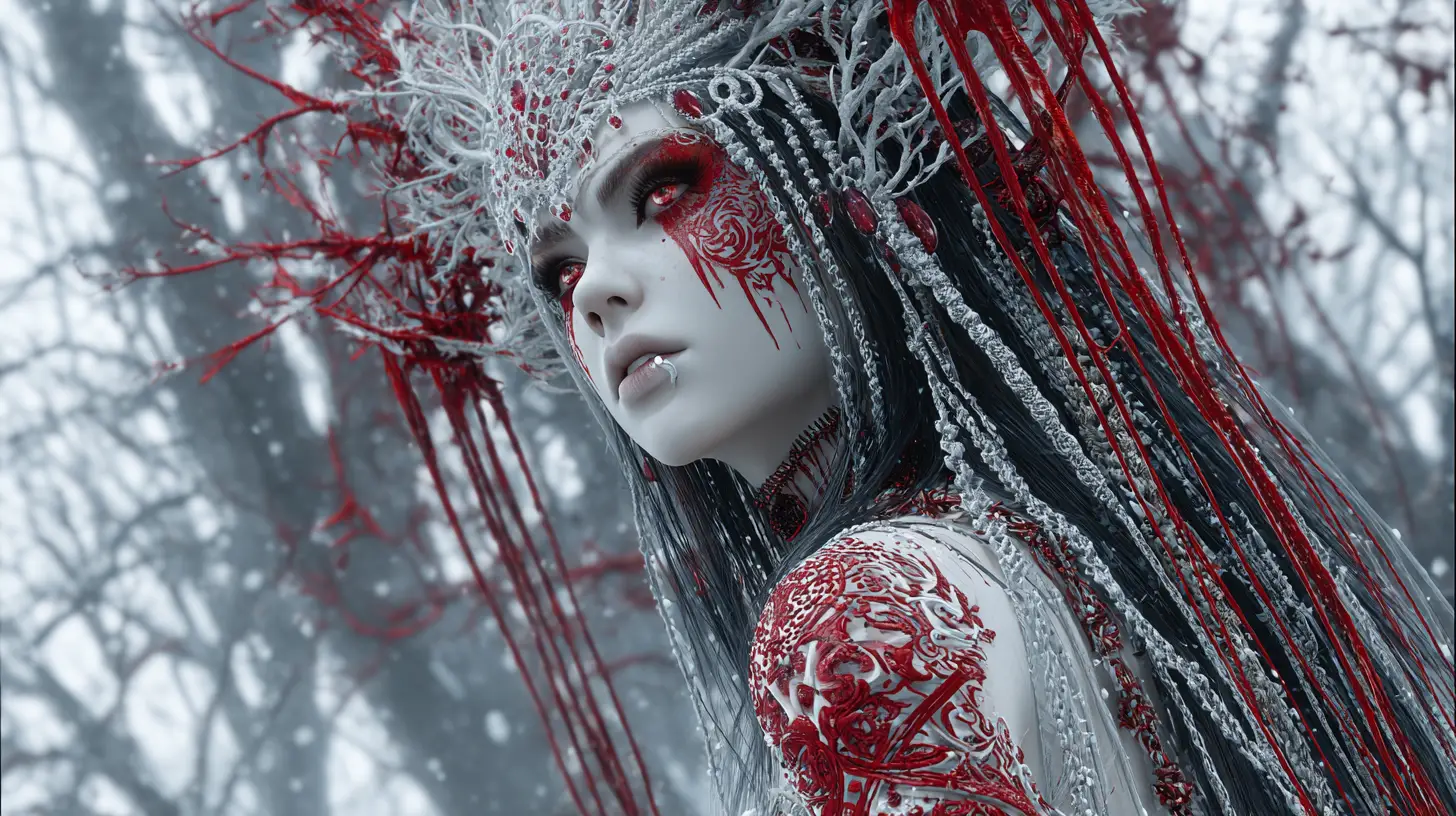 Dark sorceress in a frozen landscape with red magic