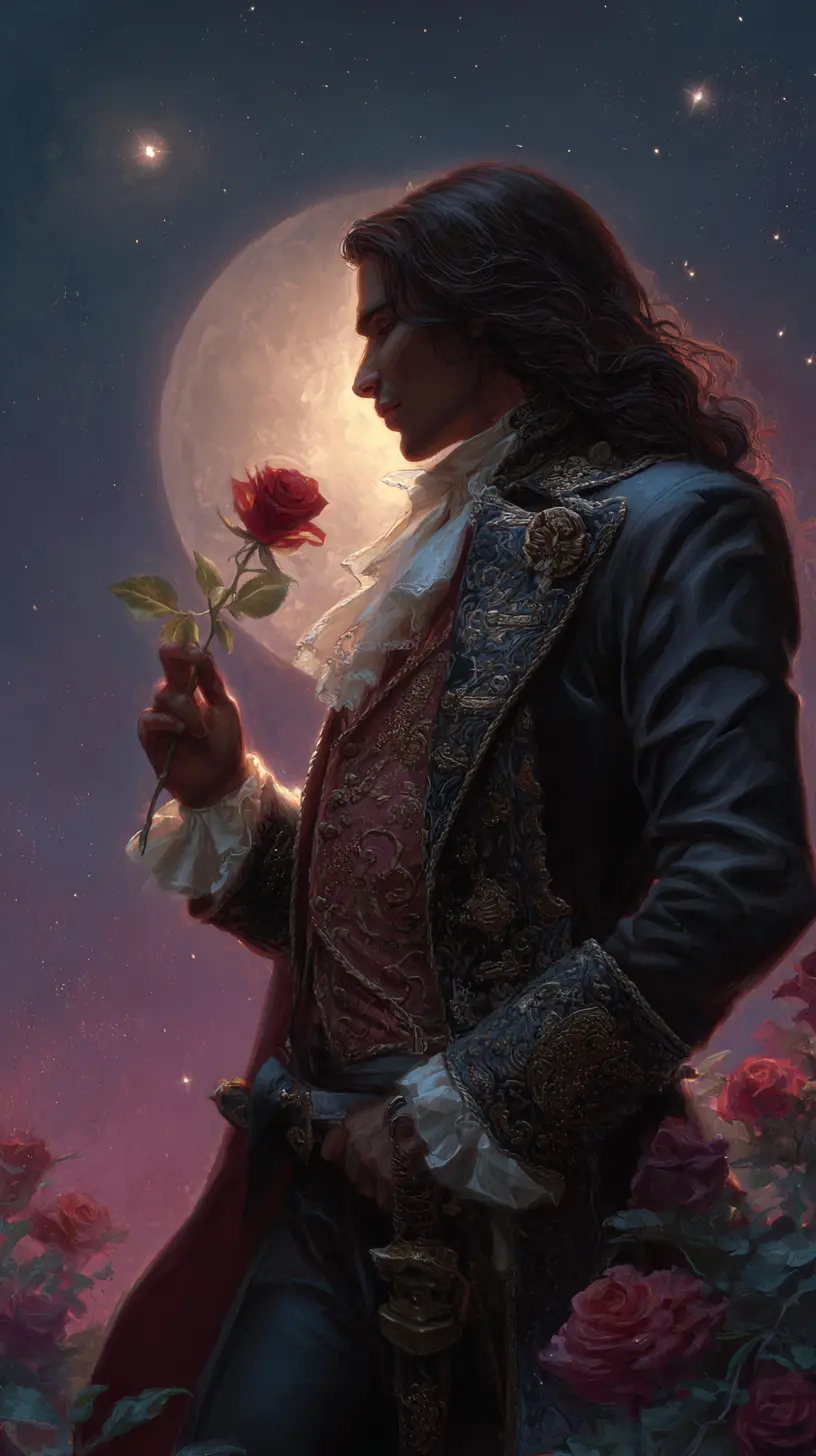 Steampunk man holding a red rose under a starry moonlit sky