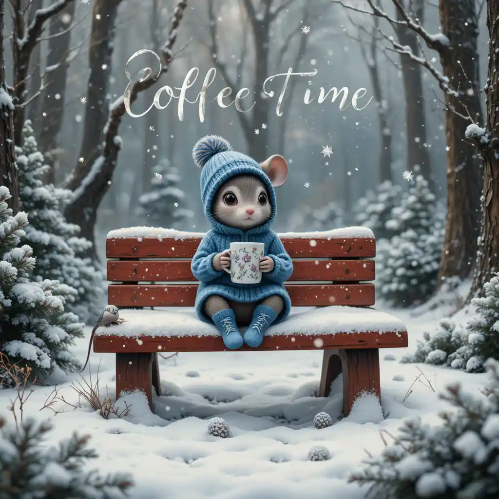 Cozy mouse on a snowy bench in winter forest