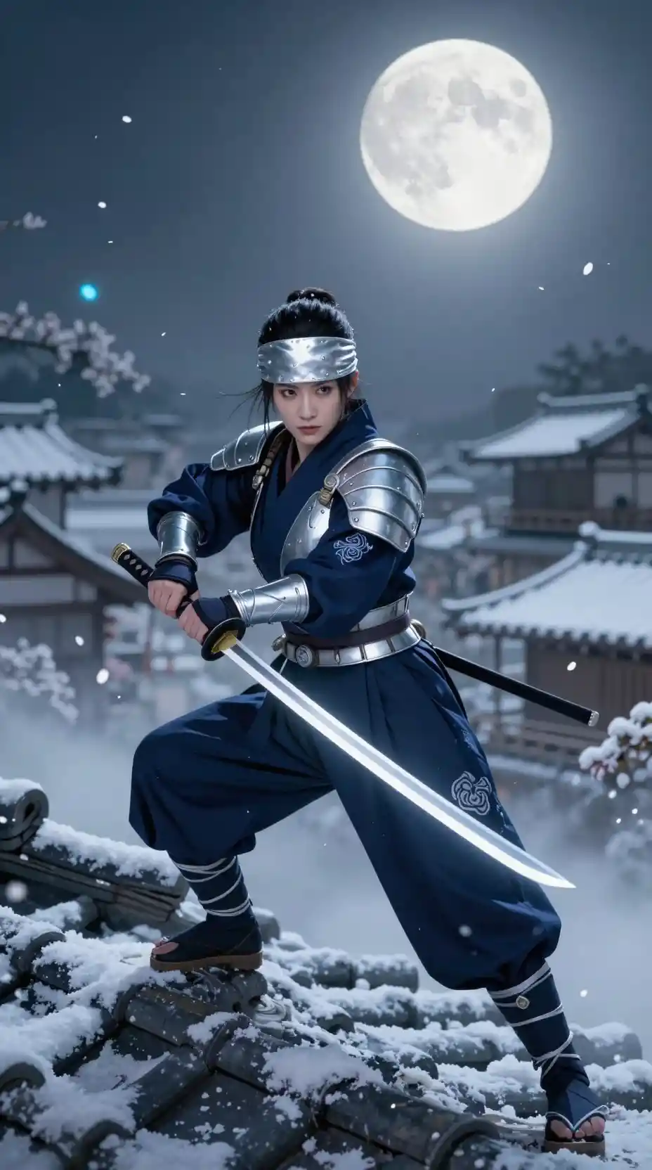 月光屋頂上的女忍者與發光武士刀