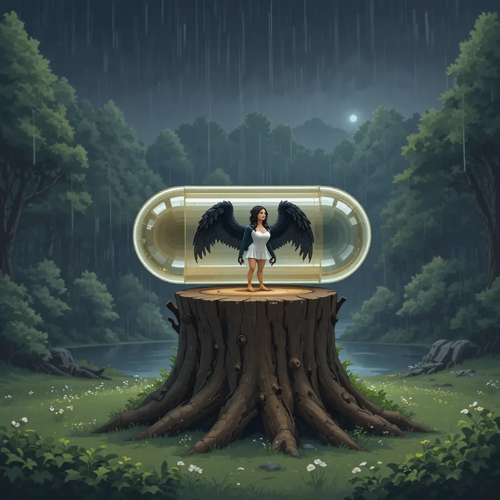 Pixel forest at night with a harpy in a capsule