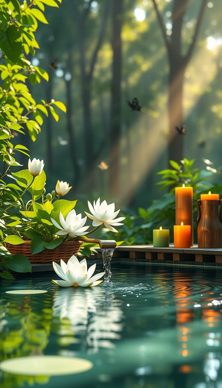 Zen spa scene with lotus flowers and bamboo water